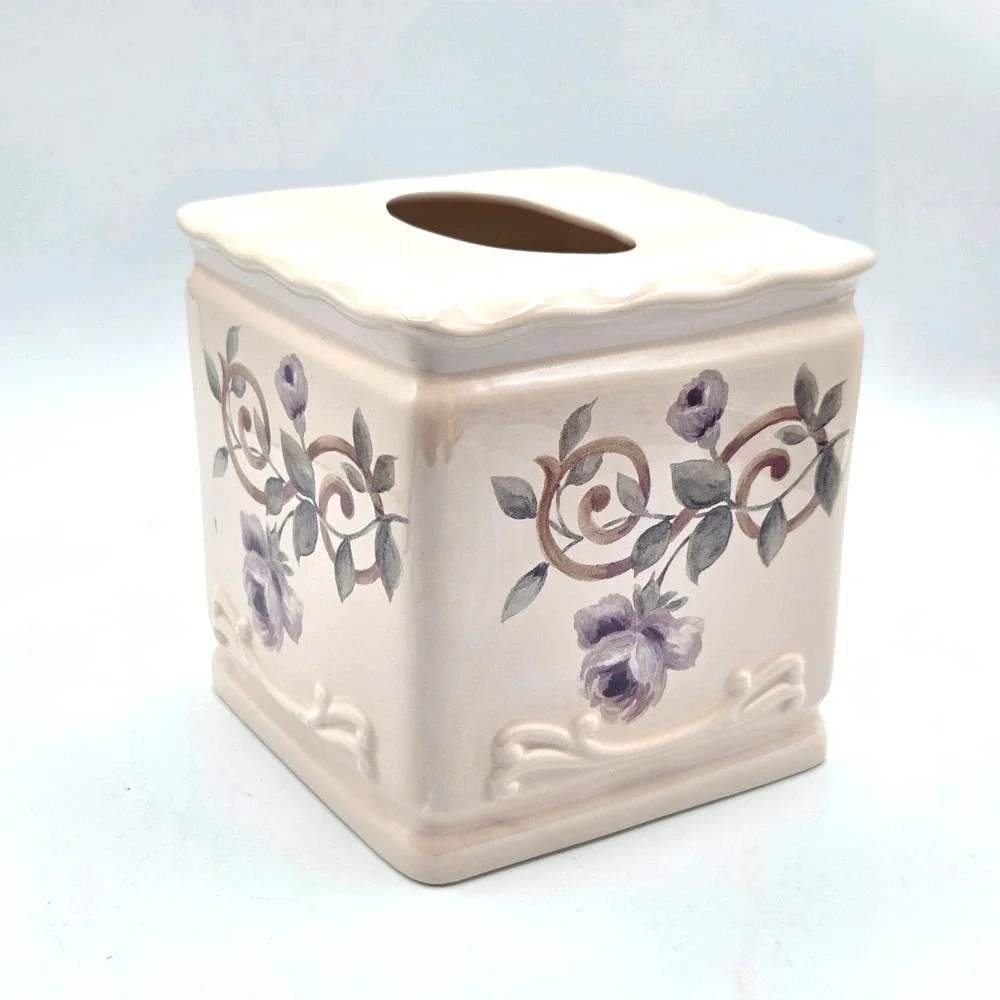 Croscill Ceramic Tissue Box Cover Chambord Amethyst Rose Cottage Core
